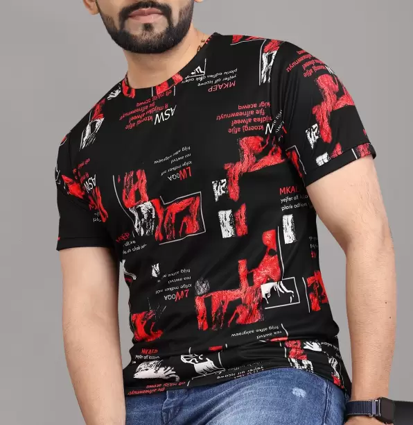 Men Printed Round Neck Polyester Multicolor T-Shirt