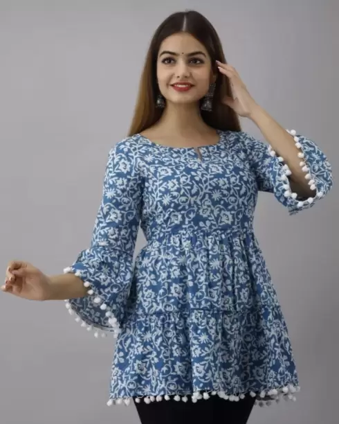 Women Printed Viscose Rayon Cape Top Kurta  (Blue)