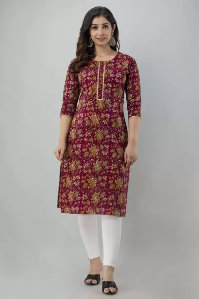 Women Printed Cotton Blend Straight Kurta  (Multicolor, Maroon)