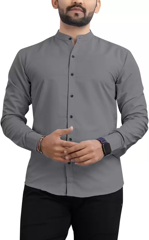 Men Regular Fit Solid Mandarin Collar Casual Shirt