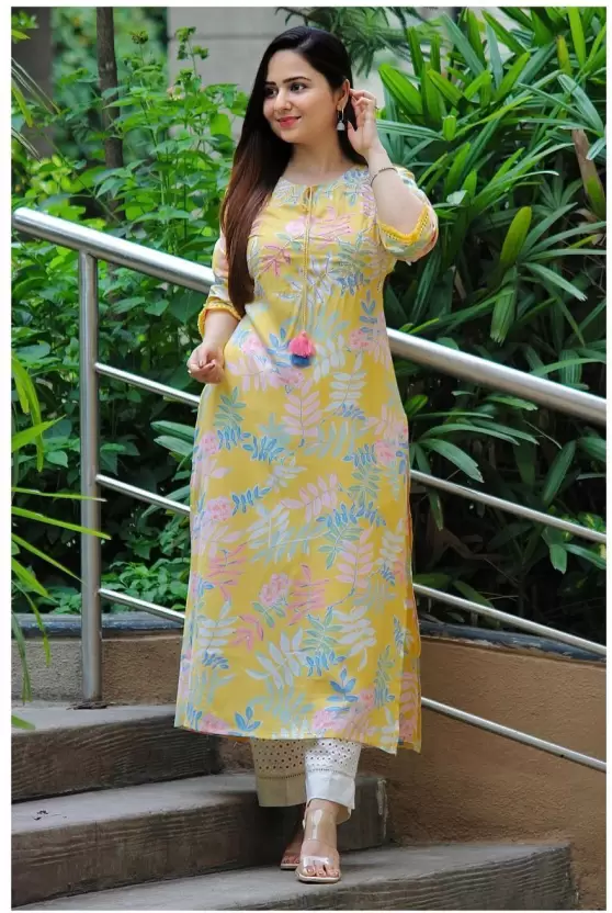 Women Floral Print Viscose Rayon Straight Kurta  (Yellow)