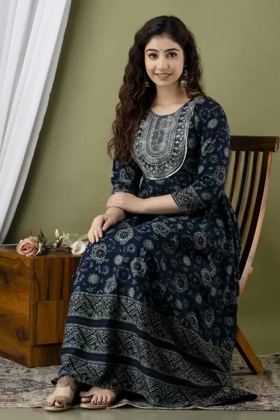 Women Printed Viscose Rayon Anarkali Kurta  (Blue)