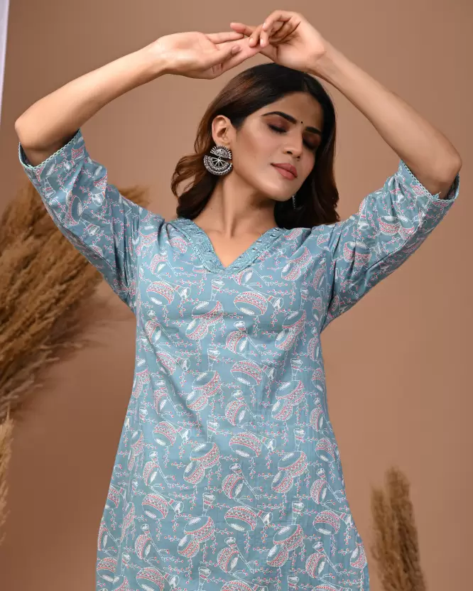 Women Printed, Embroidered Pure Cotton Straight Kurta  (Light Blue)