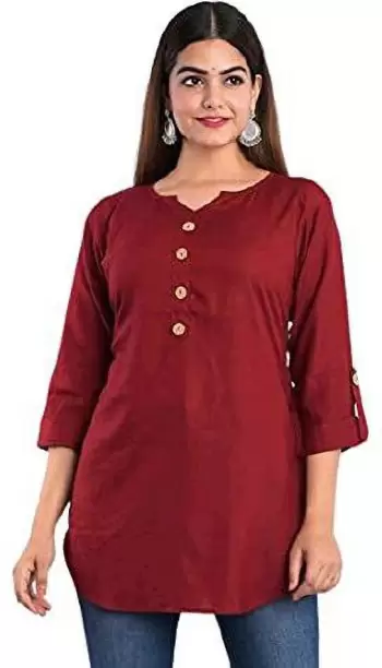 Women Solid Cotton Blend Straight Kurta  (Maroon)