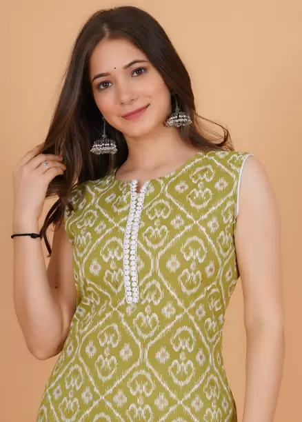 Women Printed Pure Cotton Straight Kurta  (Green)