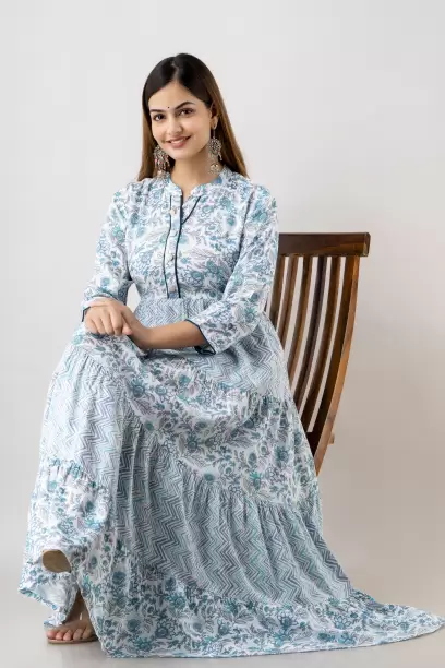 Women Floral Print Viscose Rayon Anarkali Kurta  (Light Blue)