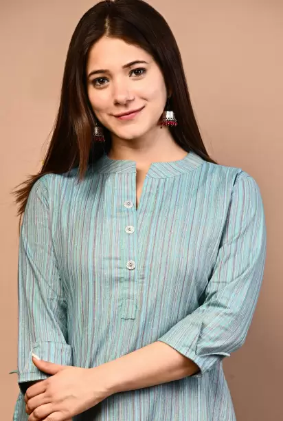 Women Striped Pure Cotton A-line Kurta  (Light Blue)