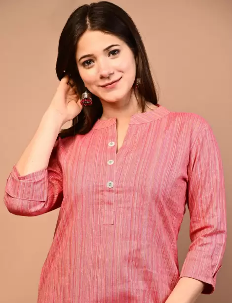 Women Self Design Pure Cotton Straight Kurta  (Pink)