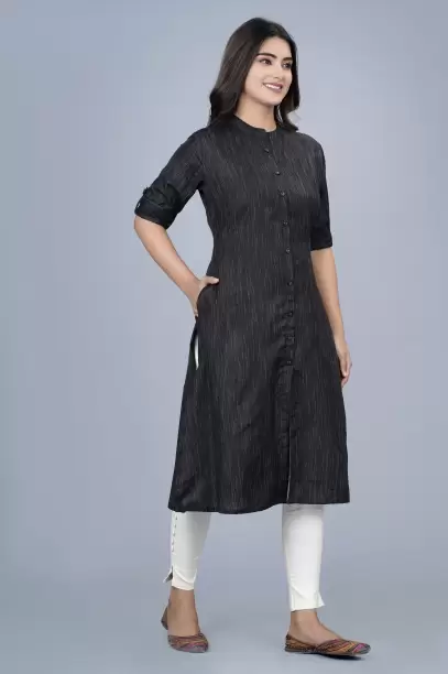 Women Solid Khadi Cotton A-line Kurta  (Black, White)