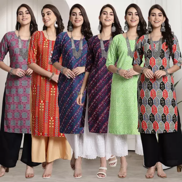 Pack of 6 Women Printed Crepe Straight Kurta  (Multicolor)