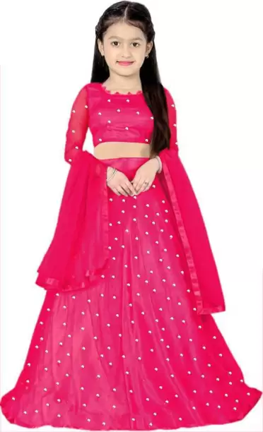 Girls Lehenga Choli Party Wear Embellished Lehenga, Choli and Dupatta Set  (Pink, Pack of 1)