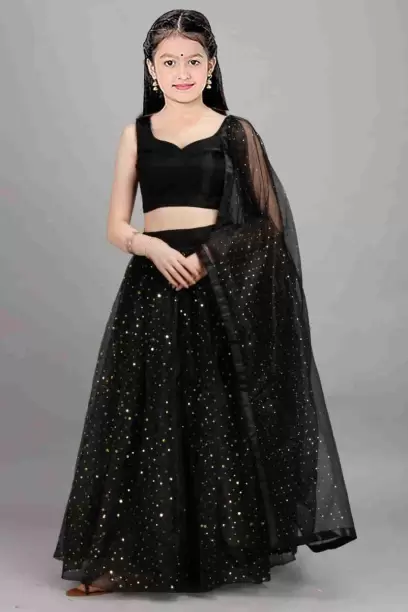 Girls Lehenga Choli Ethnic Wear Embellished Lehenga, Choli and Dupatta Set  (Black, Pack of 1)