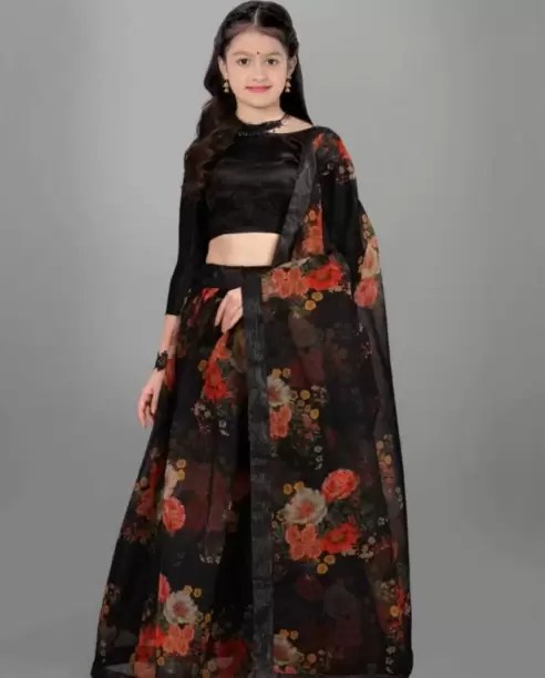 Girls Lehenga Choli Western Wear Printed Lehenga, Choli and Dupatta Set  (Black, Pack of 1)