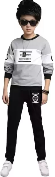 Boys Casual T-shirt Track Pants  (Grey & Black)