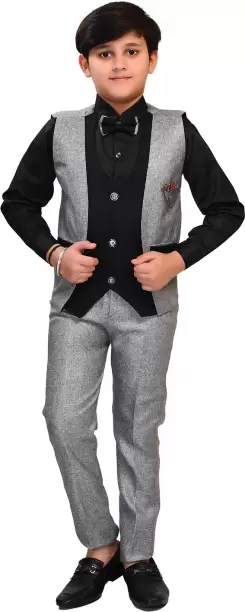 Boys Festive & Party Shirt, Waistcoat and Pant Set  (Black Pack of 1)