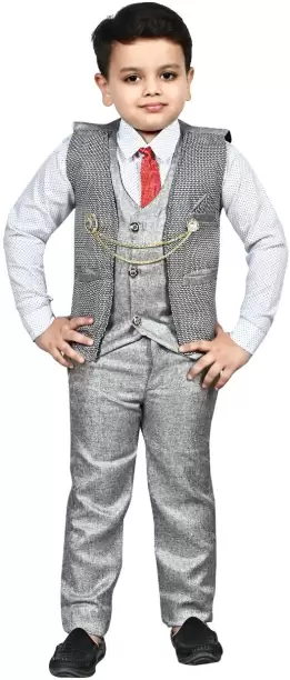 Boys Festive & Party Shirt, Waistcoat and Pant Set  (Grey Pack of 1)