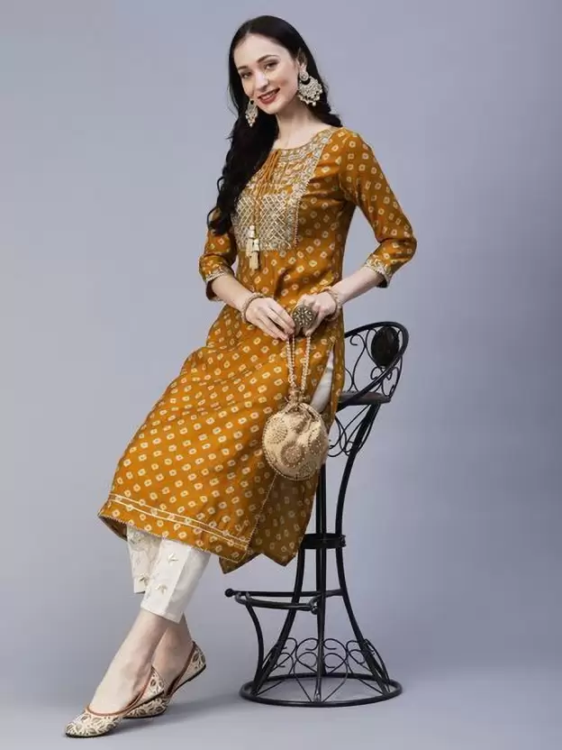 Women Printed Viscose Rayon Straight Kurta  (Yellow)